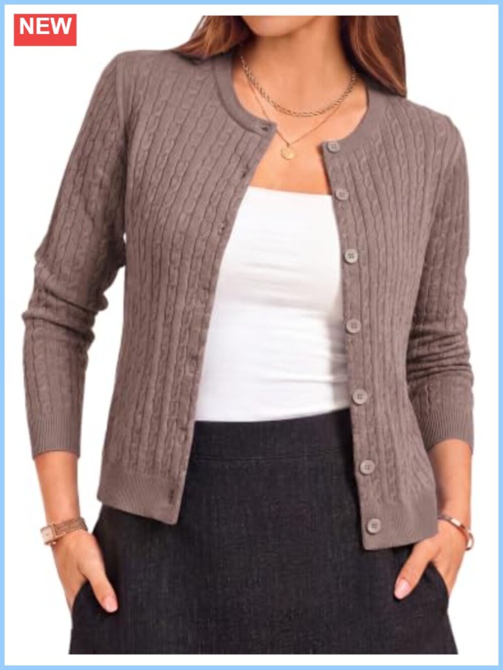 Cable Knit Cardigan Button Down Lightweight Crew Neck Long Sleeve Sweater
